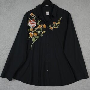 Chicos Shirt Women 4 US 20 22 Black Embroidered Flower Long Sleeve Button Up Top
